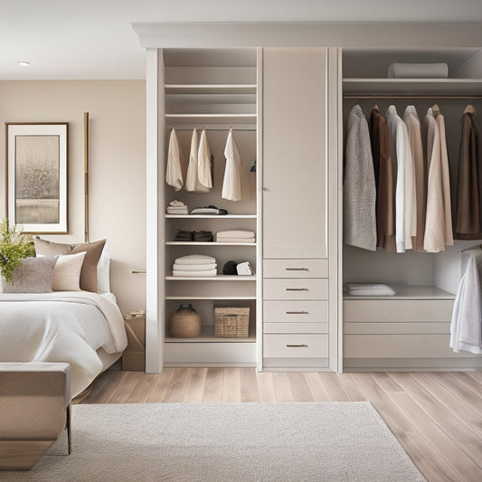A serene, modern bedroom with a floor-to-ceiling custom closet featuring soft-close drawers, adjustable shelves, and a built-in bench, surrounded by calming beige and cream tones.