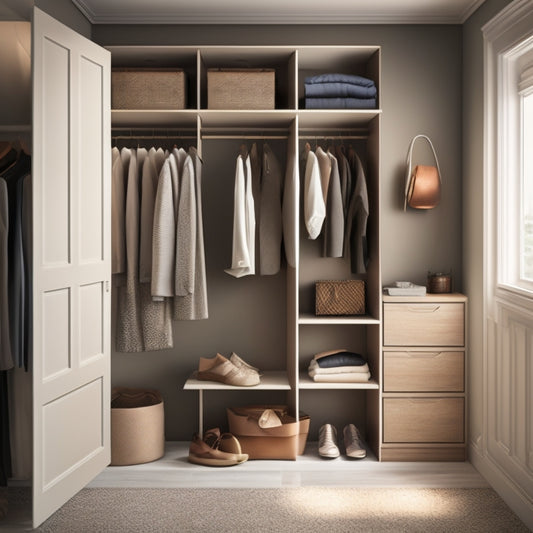 A serene, minimalist closet interior with soft, warm lighting, featuring a tailored clothing rack, matching wooden shelves, and a stylish ottoman, adorned with a few, carefully placed accessories.