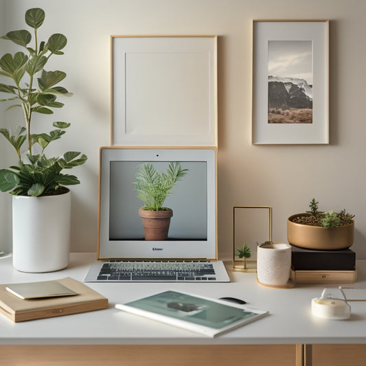 A serene, minimalist desk with a few, neatly organized photography albums and a sleek laptop, surrounded by a few framed photos and a small potted plant, against a soft, creamy background.