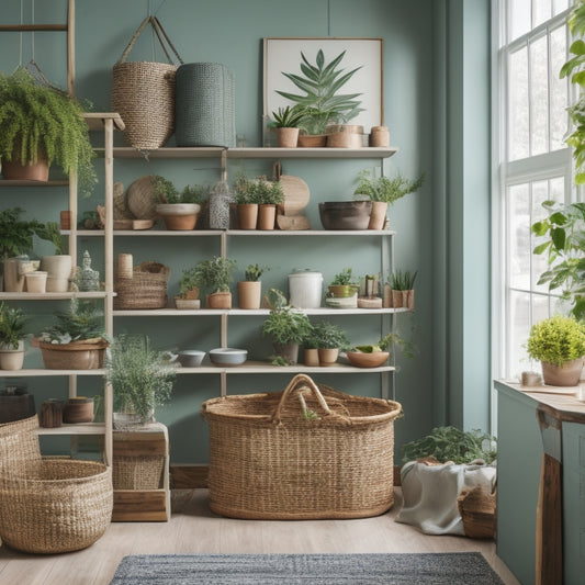 A clutter-free room with a mix of DIY storage solutions: woven baskets, repurposed crates, and hanging shelves, all in a calming color palette, with plenty of natural light and a few green plants.