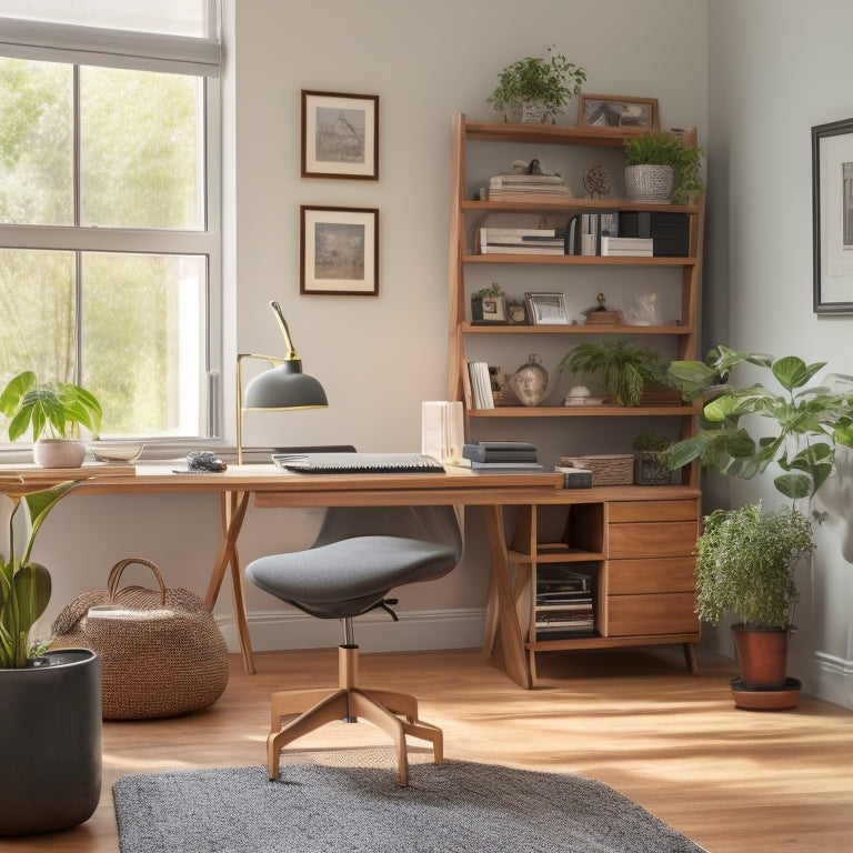 A serene, well-organized home office with a minimalist desk, a few choice books on a floating shelf, a small potted plant, and a comfortable ergonomic chair on a light hardwood floor.