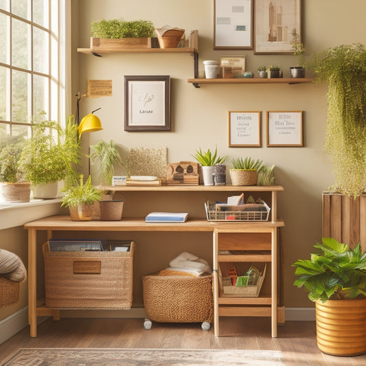 A serene homeschool workspace with a sleek, wooden desk, surrounded by neatly labeled storage bins, a colorful bulletin board, and a few strategically placed plants, bathed in natural light.