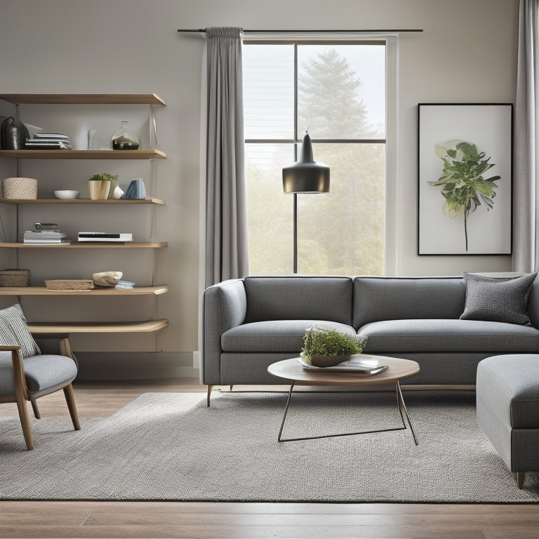 A modern living room with a sleek, wall-mounted shelf system, a storage ottoman, and a coffee table with built-in drawers, surrounded by minimalist decor and plenty of natural light.