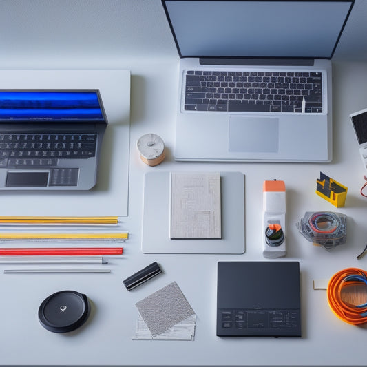 A minimalist desk with a sleek laptop, a neatly labeled external hard drive, and a few colorful, stacked file folders, surrounded by a subtle background of circuit board patterns.