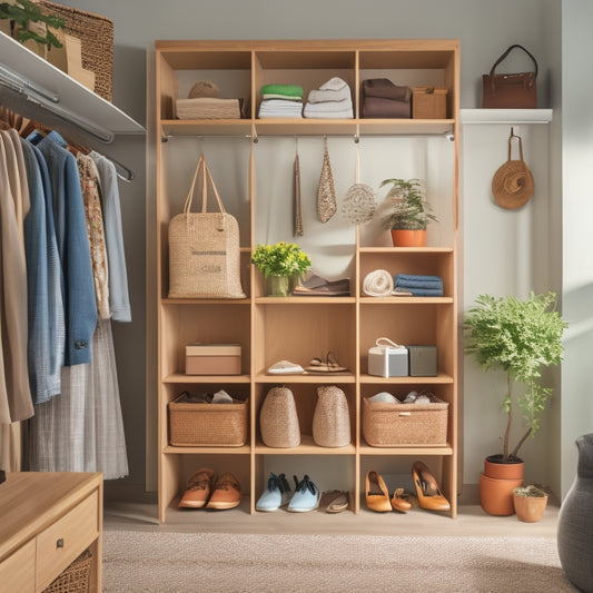 A tidy, well-lit closet with a mix of open shelving, hanging rods, and drawers, featuring a few stylish outfits, shoes, and accessories, with a few decorative baskets and plants.