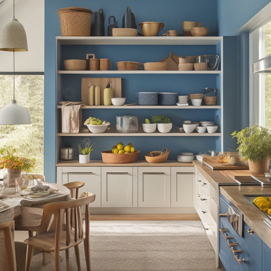 A bright, modern kitchen with open cabinets revealing custom-built shelves, baskets, and dividers, showcasing a tidy arrangement of cookbooks, dinnerware, and kitchen utensils in a warm, natural light setting.