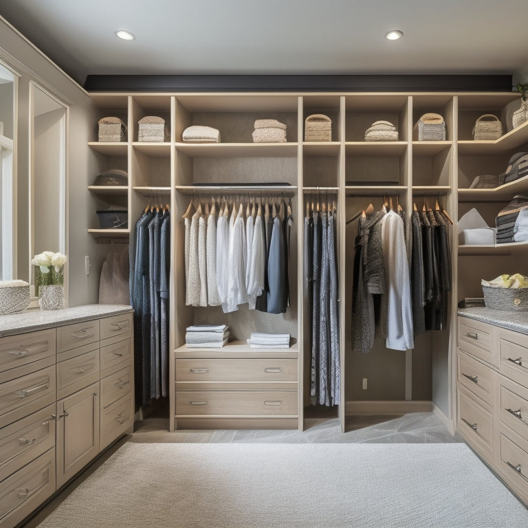 A serene, well-lit walk-in closet with sleek, floor-to-ceiling shelves, neatly arranged clothes, and a built-in dresser, featuring a central island with drawers and a seating area.