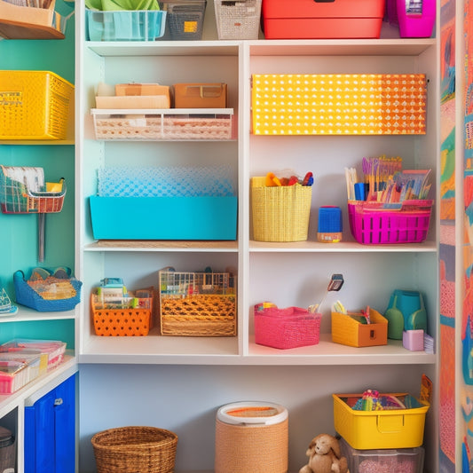 A tidy craft closet with a pegboard on the back wall, holding colorful baskets and bins, surrounded by neatly labeled shelves and a worktable with a few organized craft supplies.