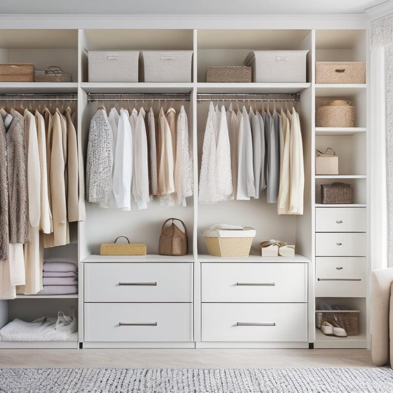 A serene and organized bedroom closet with a soft, creamy white background, featuring a combination of shelves, drawers, and hanging rods, with a few stylish outfits and accessories neatly arranged.