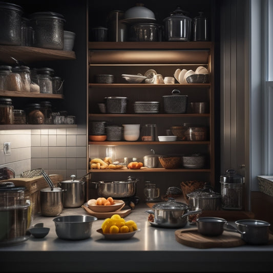 A dimly lit, cluttered kitchen cabinet with jumbled cookware, utensils, and ingredients spilling out, contrasted with a sleek, custom storage cabinet with neatly organized items and soft, warm lighting.