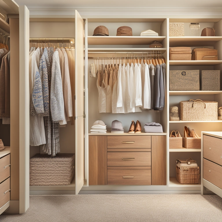 A serene, organized closet interior with custom-built shelves in a light wood tone, adorned with neatly arranged clothing, shoes, and accessories, illuminated by soft, warm natural light.