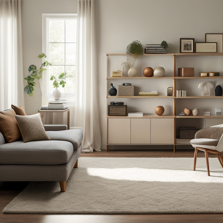 A beautifully organized living room with a minimalist aesthetic, featuring a sleek shelving unit, a plush area rug, and a few carefully placed decorative pieces, all illuminated by soft, natural light.