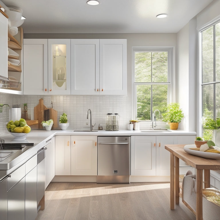 A bright, modern kitchen with sleek countertops, a wall-mounted utensil organizer, a pull-out pantry, and a built-in trash can, illuminated by natural light pouring through a large window.