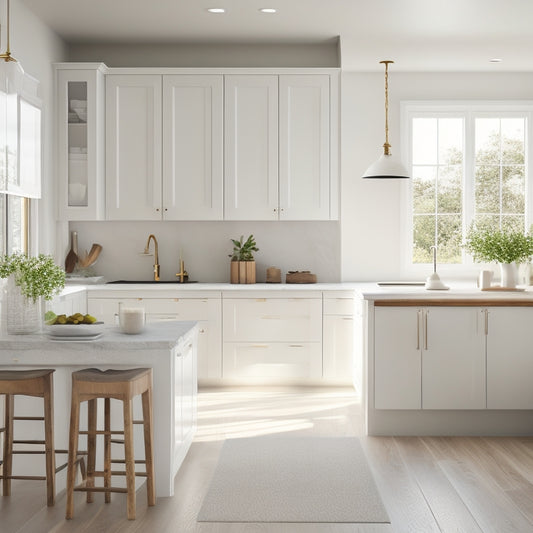 A serene kitchen with sleek white cabinets, a minimalist island, and a few strategically placed decorative items, surrounded by ample natural light and a subtle warm glow.