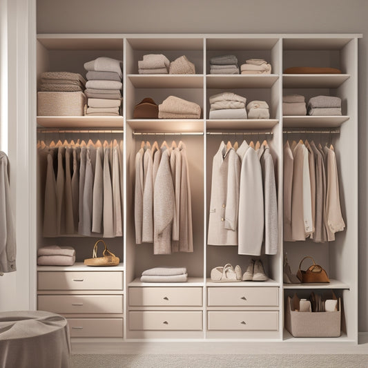 A serene, minimalist closet interior with soft, warm lighting, featuring a combination of shelves, drawers, and rods in a calming, neutral color palette, with neatly organized clothing and accessories.