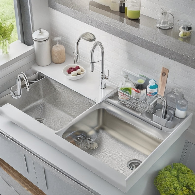 A tidy, modern kitchen sink area with a sleek, two-tiered slide-out drawer system, holding a dozen neatly arranged cleaning supplies, surrounded by gleaming chrome pipes and a spotless, white countertop.