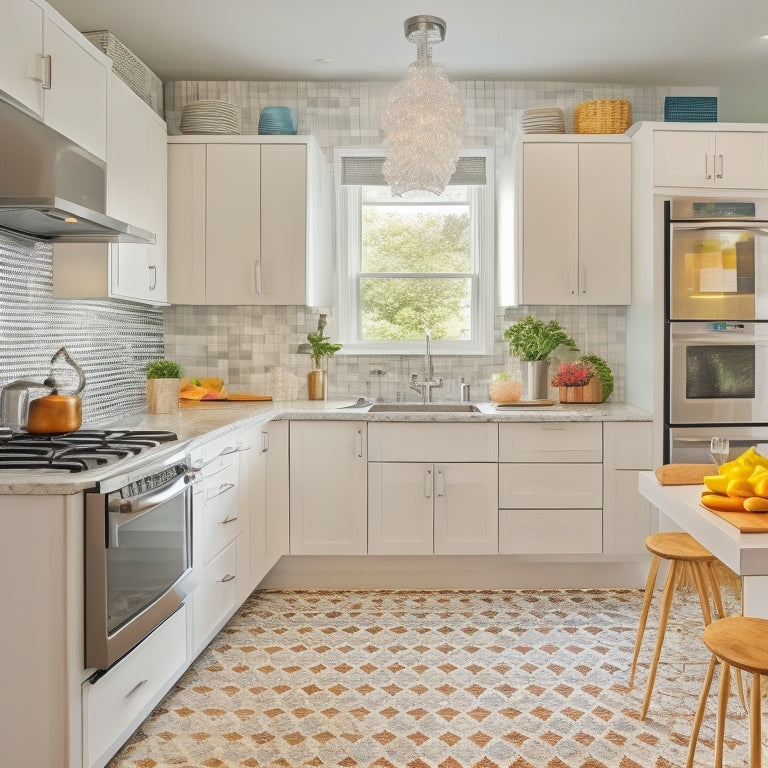 A bright, modern small kitchen with sleek white cabinets, a compact island, and a wall-mounted fold-down table, surrounded by gleaming stainless steel appliances and a checkerboard-tiled backsplash.