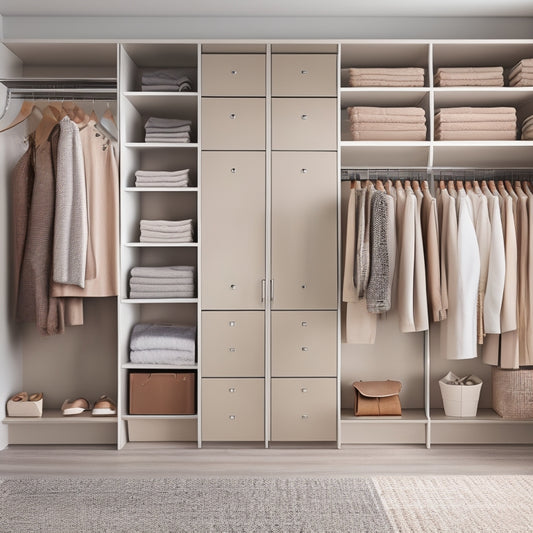 A serene, minimalist closet interior with a neutral beige backdrop, featuring a sleek, floor-to-ceiling shelving system, tidy rows of clothes organized by type and color, and a few elegant, leather-topped storage bins.