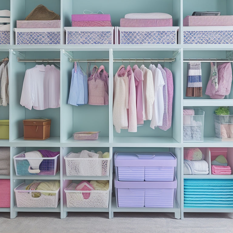 A tidy dorm room closet with a double rod, shelves, and bins, featuring a color-coded system with pastel-hued storage bins and baskets, and a few hanging garments with matching cloth dividers.