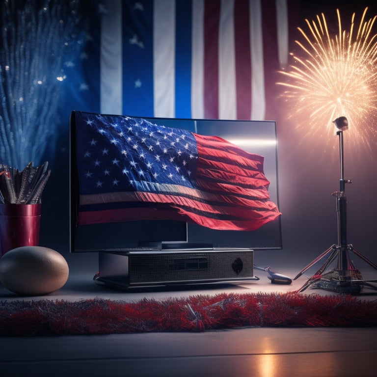 A vibrant American flag waving in the wind, with fireworks exploding in the background, surrounded by DreamBox 2 consoles and accessories, adorned with red and blue ribbons and stars.