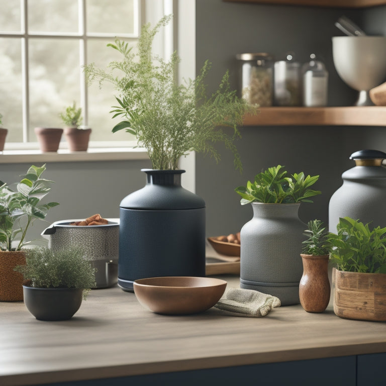 A serene kitchen counter with a few, carefully curated items: a small, sleek trash can, a trio of matching spice jars, a wooden utensil holder, and a single, potted herb plant.