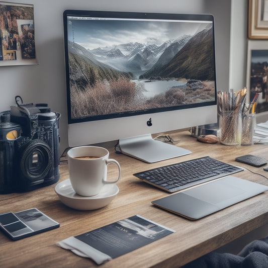 A cluttered computer desktop with scattered photo files, tangled cords, and a dusty laptop, contrasted with a clean and organized digital workspace featuring a streamlined laptop, a few select framed photos, and a minimalist background.