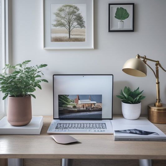 A serene, minimalist desk with a few, neatly organized photography albums and a sleek laptop, surrounded by a few framed photos and a small potted plant, against a soft, creamy background.