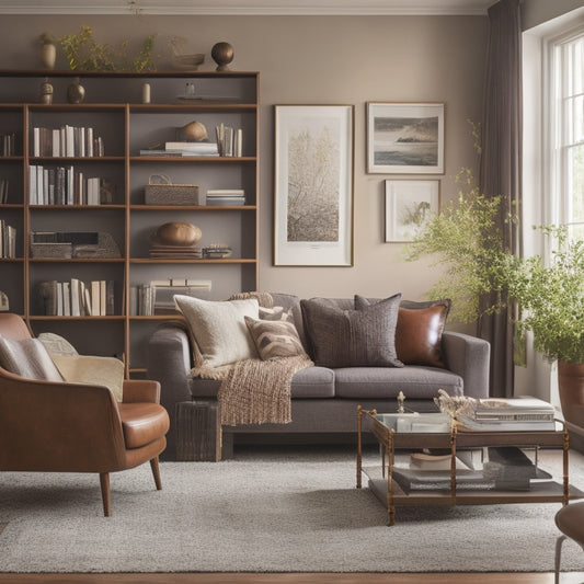 A serene, decluttered living room with a few, carefully chosen decorative items, a minimalist coffee table, and a sparse, floor-to-ceiling bookshelf with only a few, leather-bound volumes.