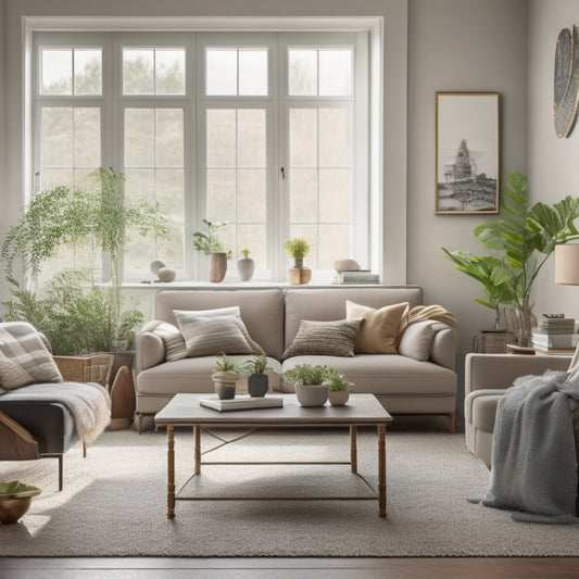 A serene, clutter-free living room with a few, carefully curated decorative pieces, a minimalist coffee table, and a large, open window with natural light pouring in, surrounded by calm, muted colors.