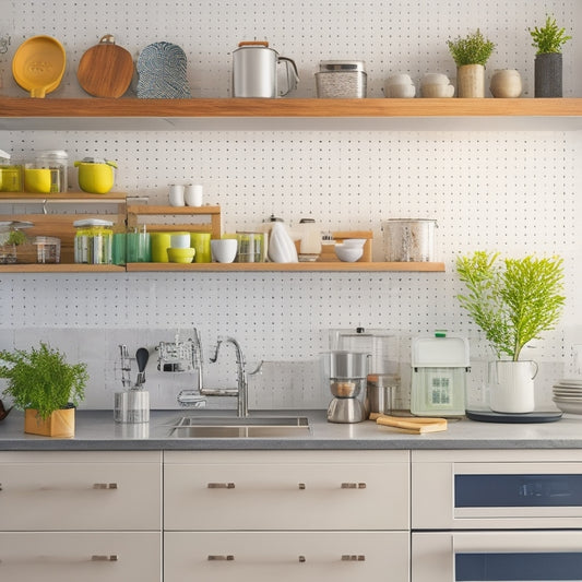 A bright, modern small kitchen with a sleek white countertop, a compact island with built-in utensil storage, and a pegboard on the wall holding frequently used kitchen tools.