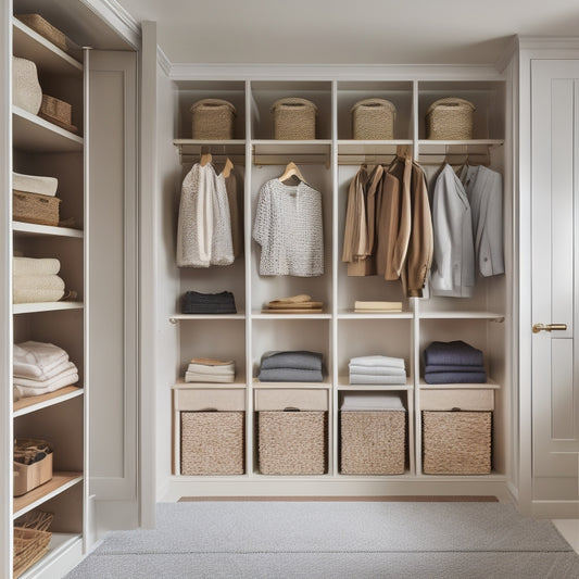 A serene, well-lit closet interior with sleek shelves, a double rod, and a built-in dresser, featuring a variety of storage bins, baskets, and stackable containers in a harmonious, muted color palette.