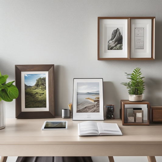 A clutter-free home office with a tidy desk, a organized bookshelf, and a minimalist wall decoration, featuring a tablet with a digital calendar and a smartphone with a task list app open.