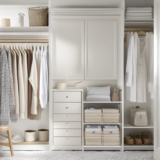 A serene and organized bedroom closet with a soft, creamy white background, featuring a combination of shelves, drawers, and hanging rods, with a few stylish outfits and accessories neatly arranged.