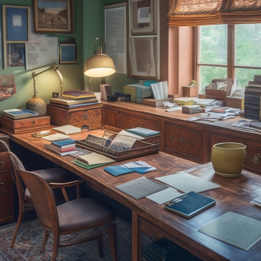 A cluttered home office with a traditional desk and chair, surrounded by scattered papers and office supplies, with a neglected corner space filled with dust and cobwebs.