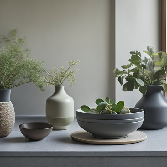 A serene kitchen countertop with a few, carefully arranged, natural elements: a small potted herb, a vase with a single stem of eucalyptus, and a neatly stacked set of ceramic plates.