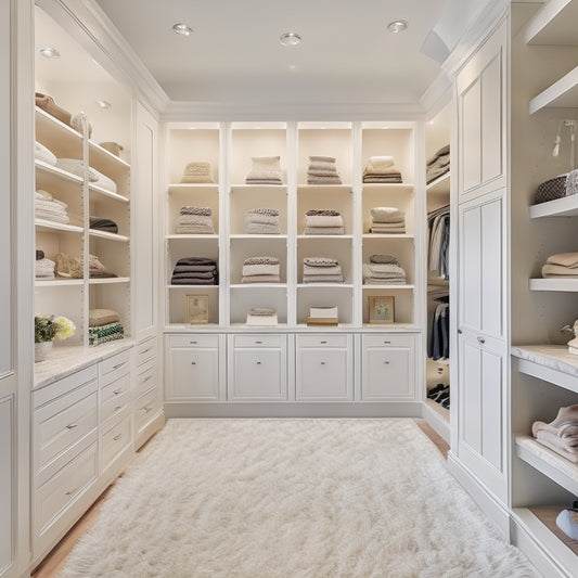 An elegant, modern master closet with creamy white walls, rich wood flooring, and a central island with a marble countertop, surrounded by floor-to-ceiling shelves and racks.