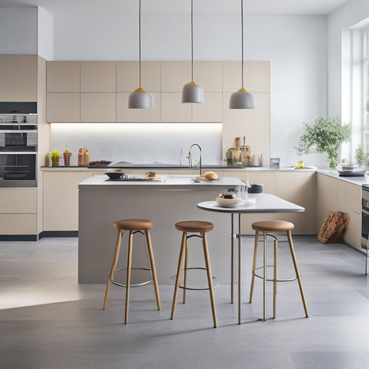 A modern kitchen with a wall-mounted foldable table, sleek pedestal stools, and a compact, rounded island with built-in storage and a retractable cooktop, surrounded by airy, minimalist decor.