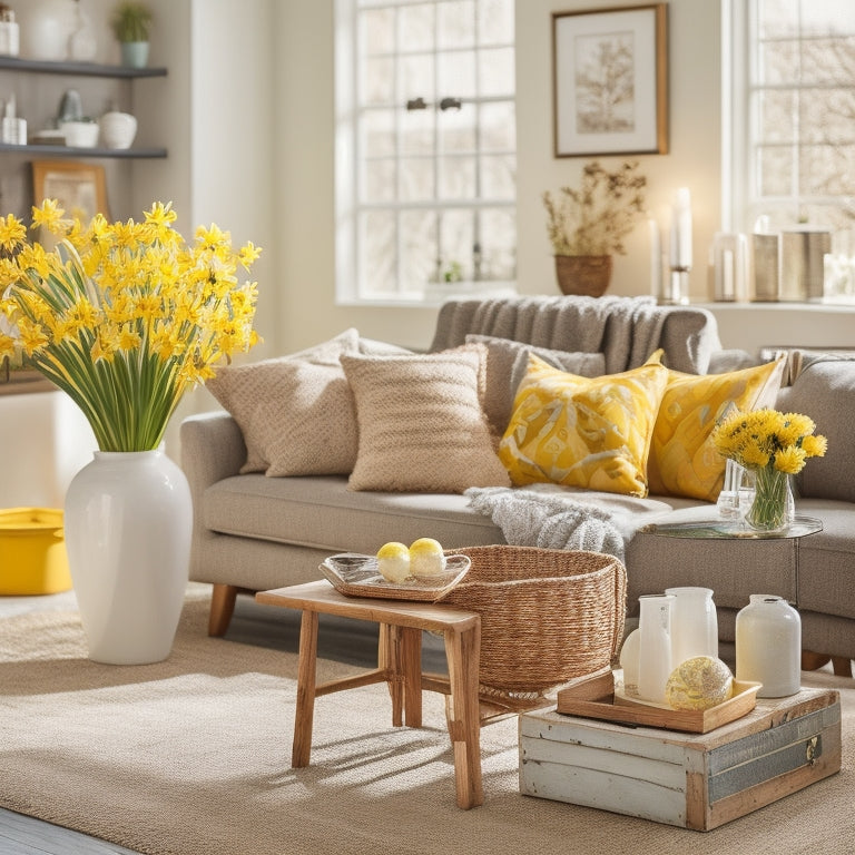 A bright, airy living room with a vase of fresh daffodils on a polished wooden coffee table, surrounded by neatly organized decorative items and a few open storage bins with colorful linens spilling out.