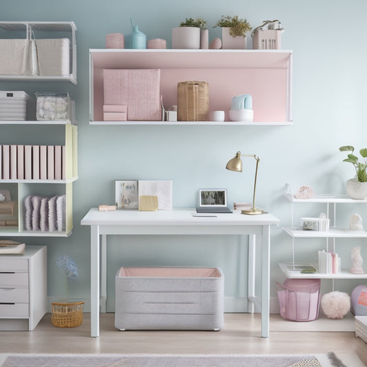 A serene, pastel-colored room with a tidy desk, a few organized bookshelves, and a minimalist bed, featuring various decluttering products like baskets, bins, and a label maker.