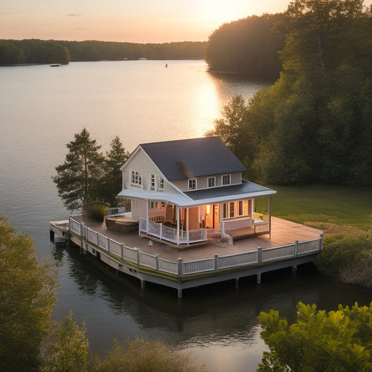 A serene, aerial view of a small island home with a wraparound porch, surrounded by lush greenery and a dock leading to a sailboat, with a subtle sunset glow in the background.