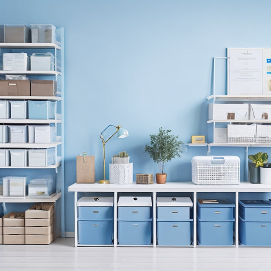 A serene, minimalist workspace with a person's hand holding a label maker, surrounded by neatly labeled storage bins, files, and folders, set against a calming blue background with soft, natural light.