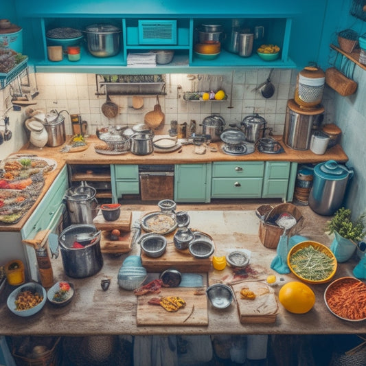 A cluttered kitchen with a maze-like layout, narrow walkways, and inadequate counter space, featuring a chef in a white apron, frustration etched on their face, amidst a jumble of utensils and appliances.