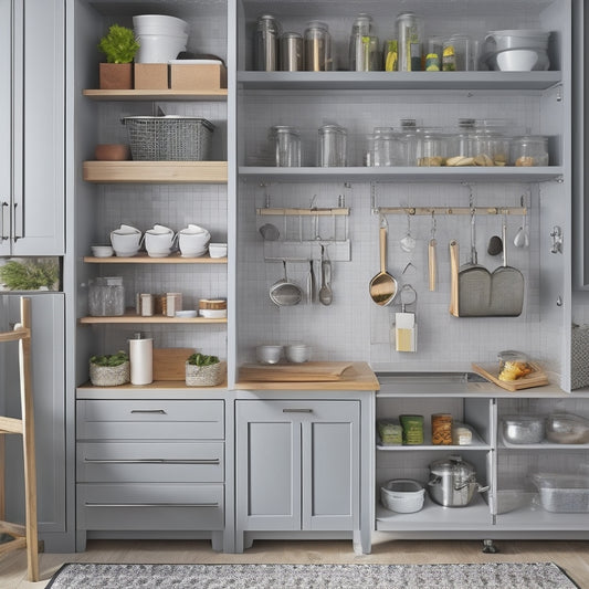 A clutter-free kitchen with a pull-out pantry organizer, a retrofitted cabinet with a slide-out trash can, and a pegboard with hanging utensils and appliances, set against a light-gray background.