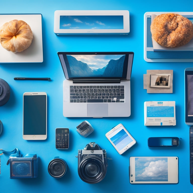 A tidy digital workspace with a laptop, tablet, and smartphone surrounded by neatly arranged digital file icons, folders, and clouds, set against a calming blue background with subtle grid lines.