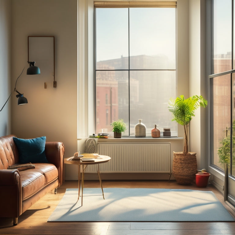 A serene, minimalist room with a few donated items, such as a gently used couch, a bicycle, and boxes, surrounded by natural light, with a subtle hint of a cityscape outside the window.