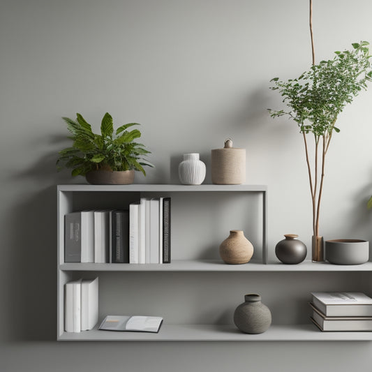 A minimalist, modern bookshelf with adjustable shelves of varying heights, holding a mix of books, decorative objects, and plants, set against a light-gray background with soft, natural lighting.