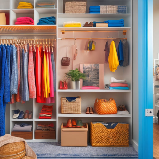 A tidy closet interior with shelves, rods, and bins, featuring a laptop on a shelf displaying a PDF document with a bold, colorful cover, surrounded by organized clothing and accessories.