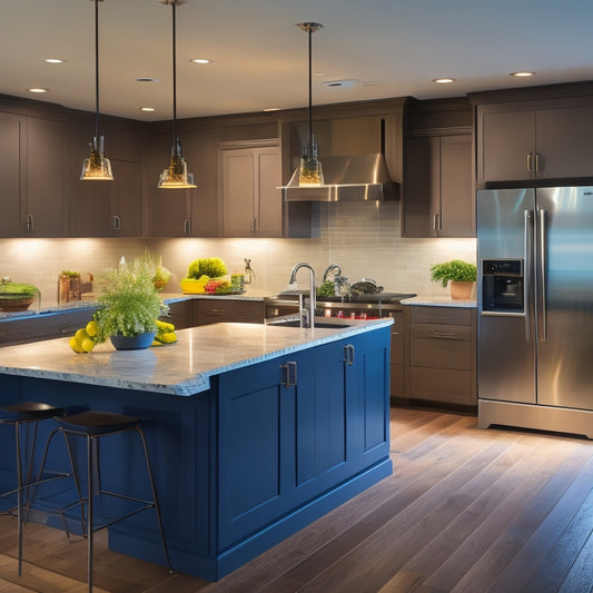 A well-lit, modern kitchen with a central island, outfitted with a built-in cooktop, sink, and ample counter space, surrounded by sleek, handle-free cabinets and a stainless steel refrigerator.