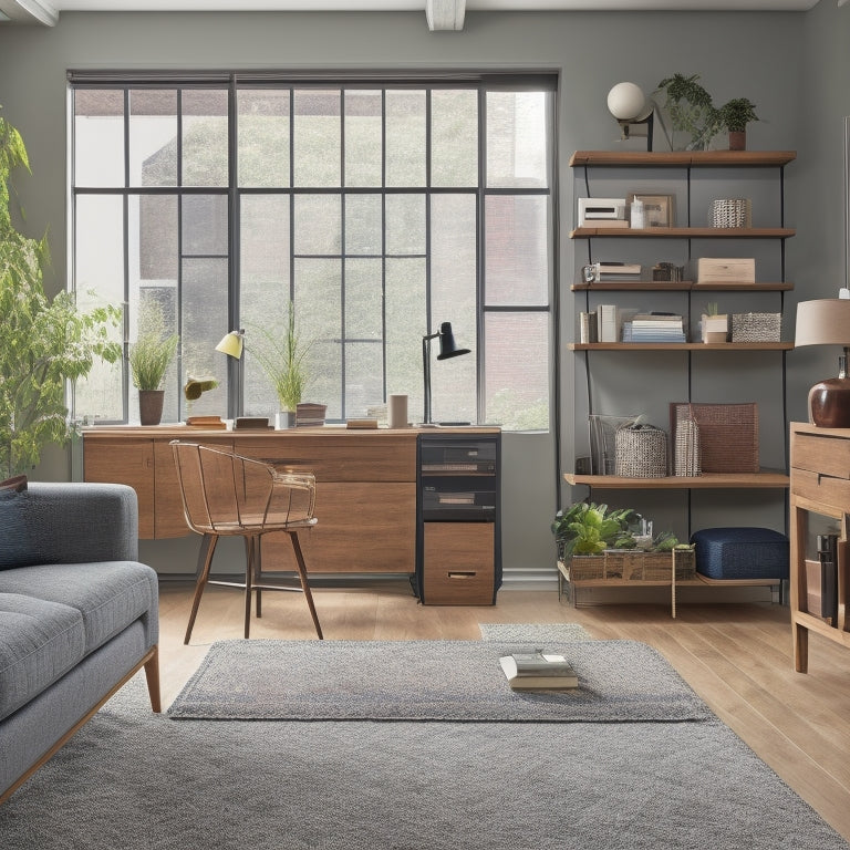A clutter-free living room with a Murphy desk, storage ottoman, and hanging shelves, featuring a renter-friendly aesthetic with a mix of minimalist and industrial decor.