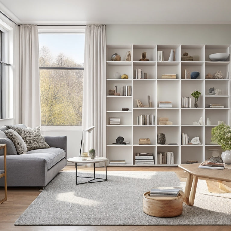 An organized, modern living room with bespoke shelving units, a floor-to-ceiling storage cabinet, and a sleek, built-in window seat with hidden compartments, set against a calming, light-gray background.